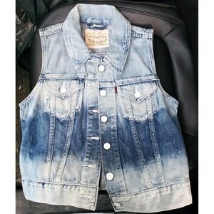 Levi's Denim Trucker Vest Ombré Faded Womens Denim Crop Blue White Size Small‎